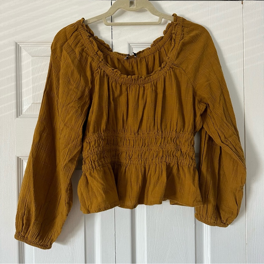 Madewell Size Medium Mustard Yellow Peasant Long Sleeve Blouse Top